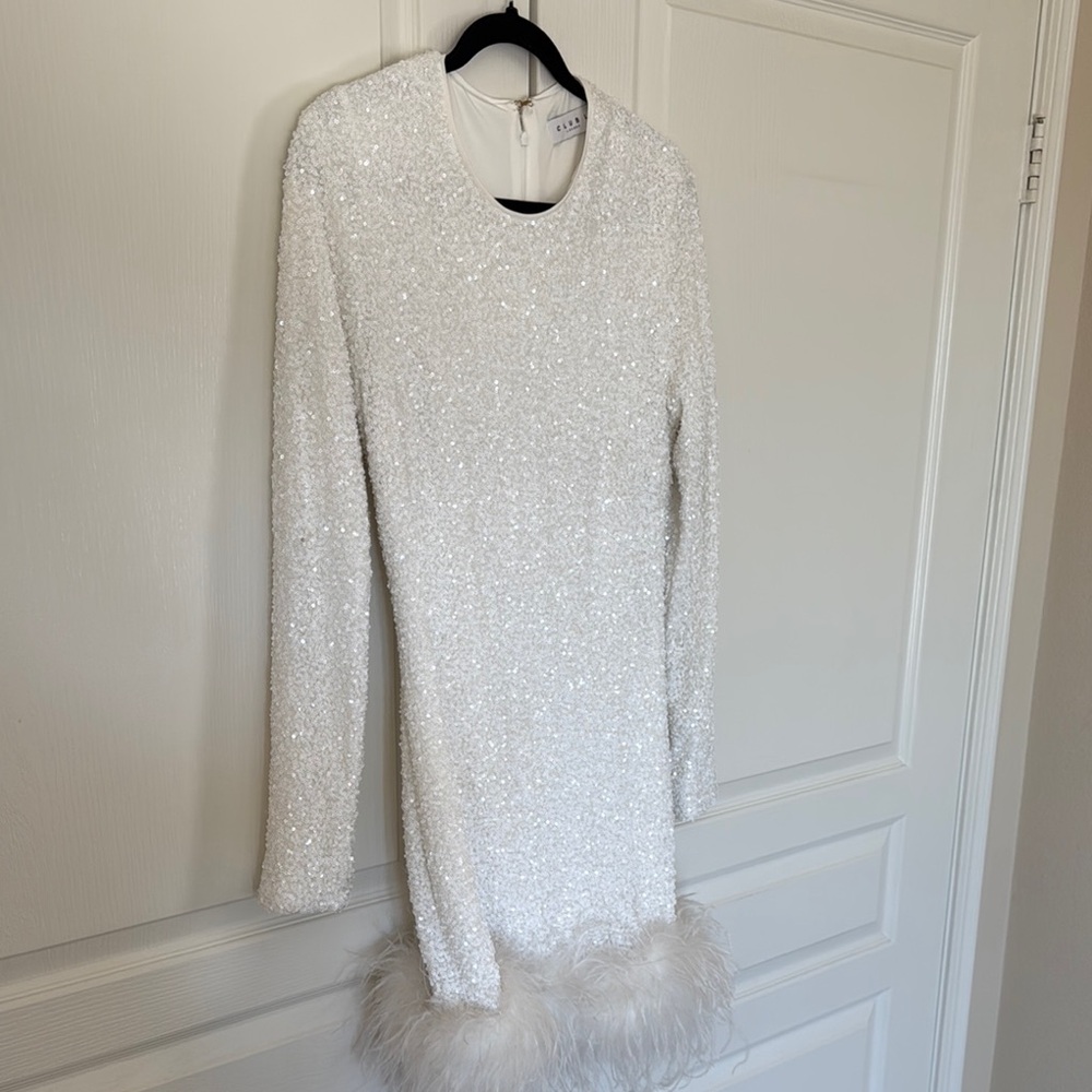Sparkling White Dress with Feather Trim